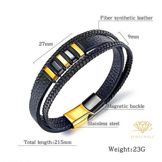 Black Gold Punk Genuine Leather Trendy Bracelet with Stainless Steel Magnetic Sliding Clasp